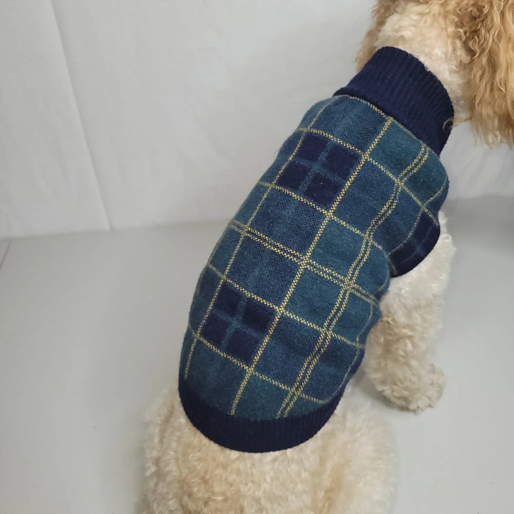 Classic Plaid Dog Sweater‎ Navy Green Yellow Argyle Knit Pet Apparel